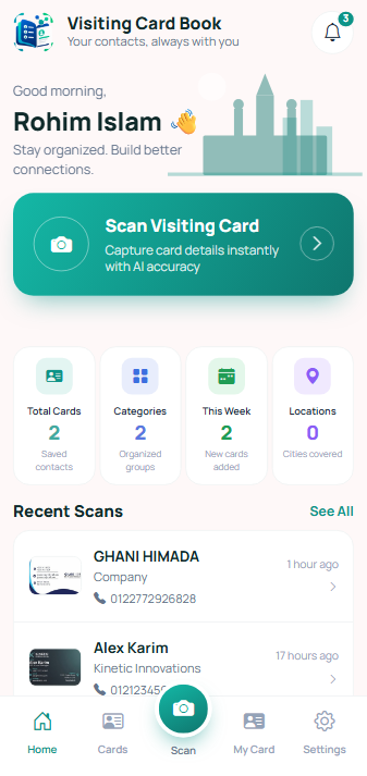 Home dashboard showing total cards, categories, and recent scans