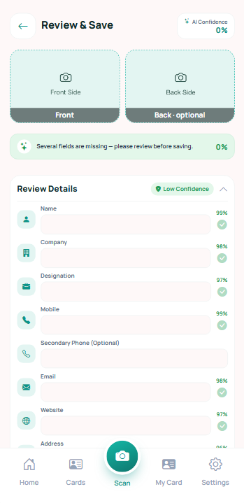 AI-powered card scan review and save screen with confidence scores