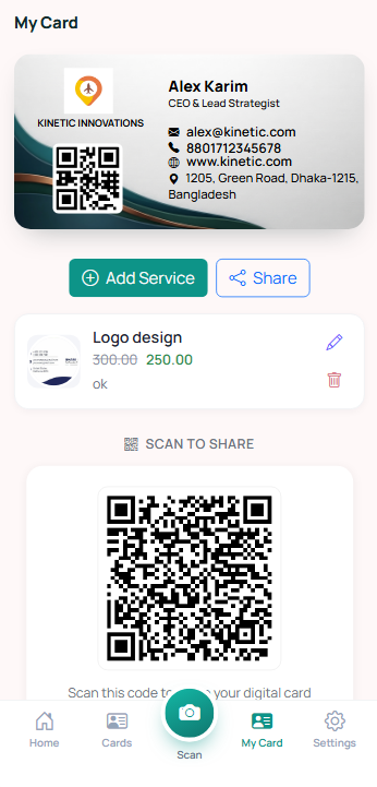 Digital business card with QR code and shareable services