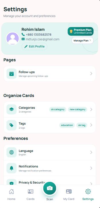 Account settings screen with categories, tags, and preferences