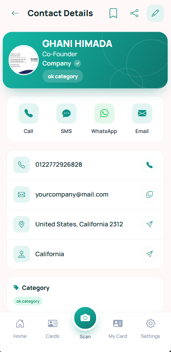 Contact details screen with call, SMS, WhatsApp, and email options