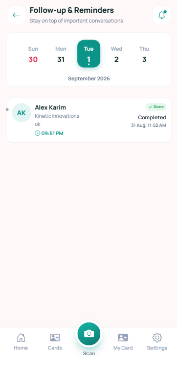 Follow-up and reminders calendar with completed tasks
